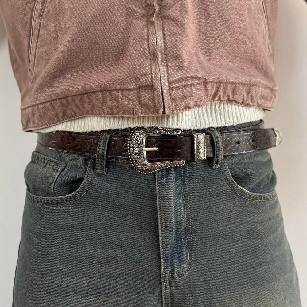 y2k brown leather and silver western cowboy boho belt - Picture 5 of 9